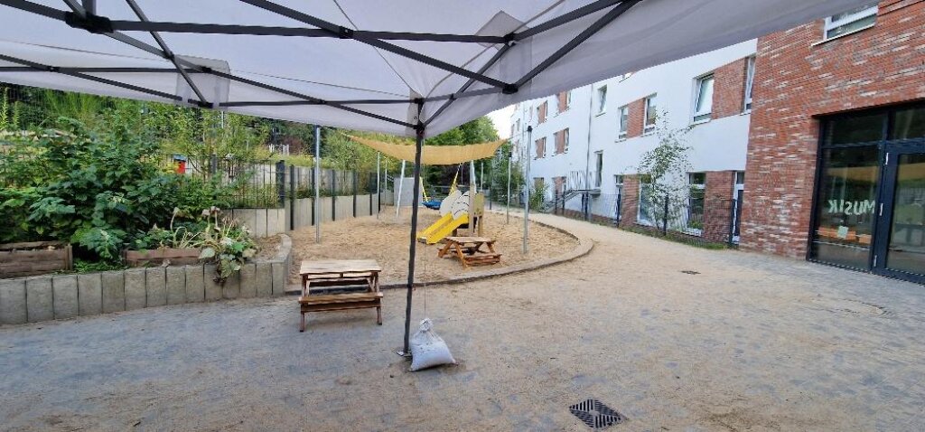 Außengelände mit Sandkasten und Sonnensegel der AWO Kita Denickestraße in Hamburg Harburg der AWO Kita Auenstraße.